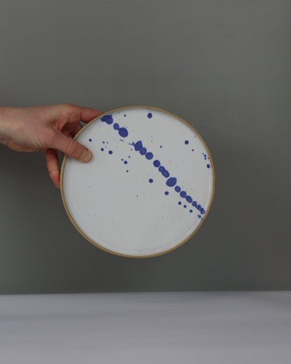 Hand holding a ceramic plate with blue speckles against a gray background