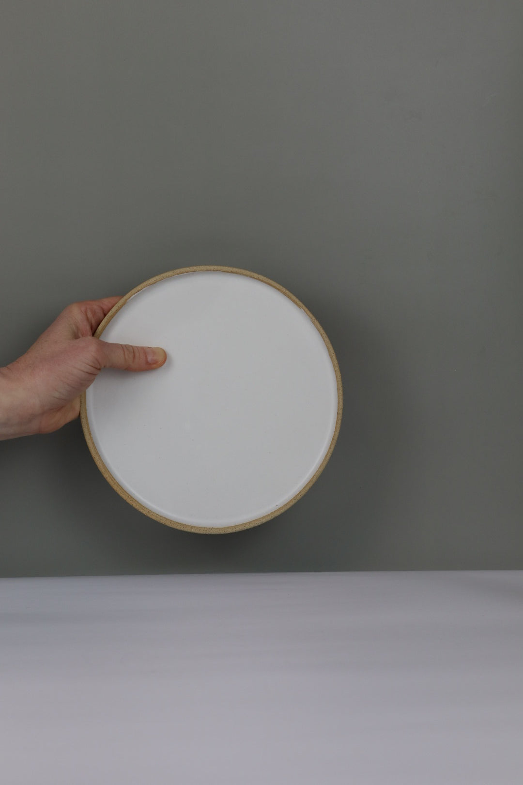 Hand holding a white plate against a grey background