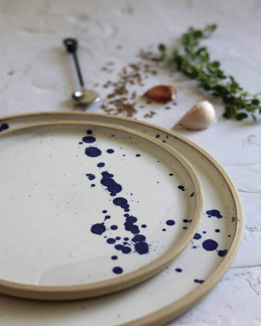 Two ceramic plates with blue speckles on a light surface with herbs and a spoon.