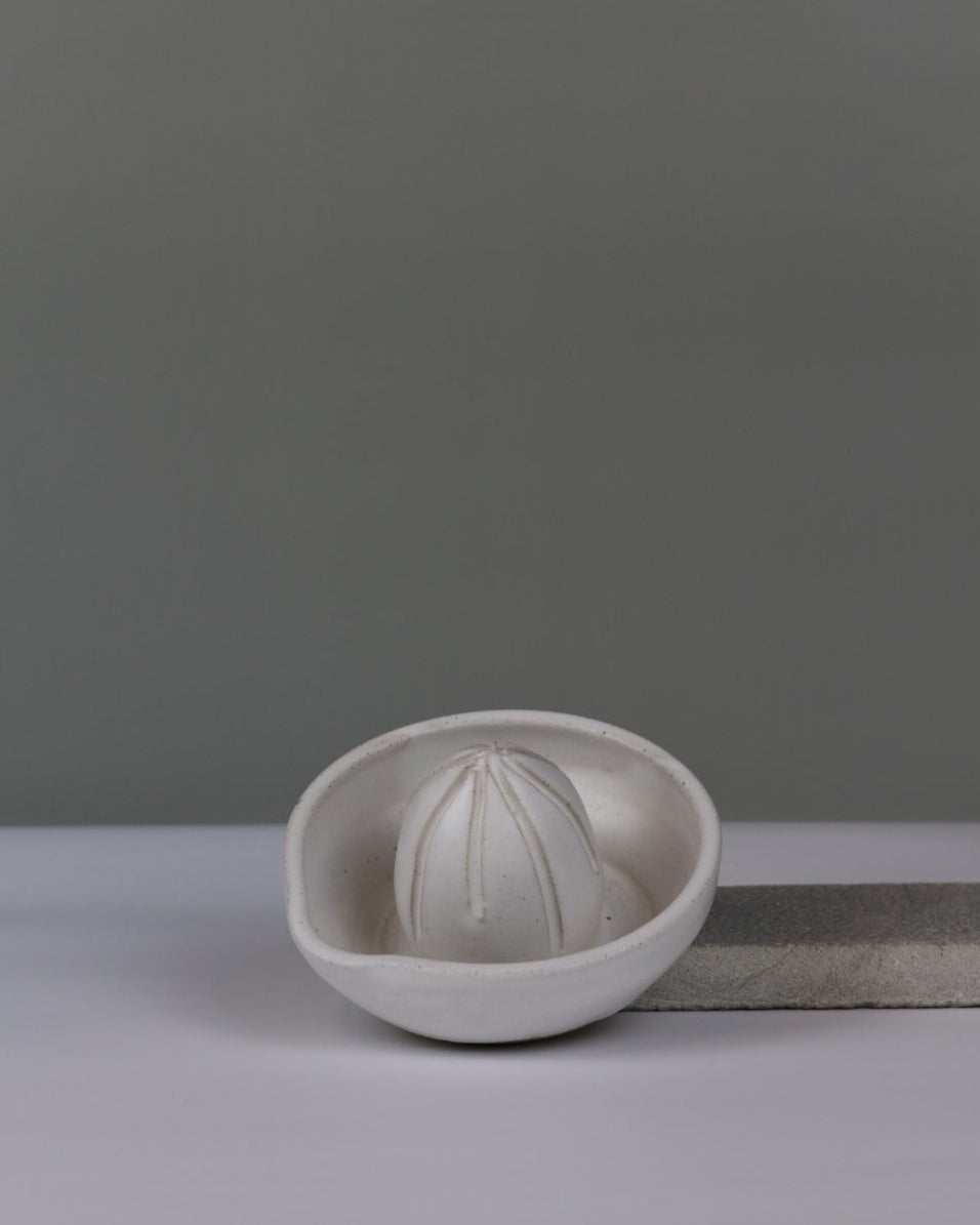 White citrus juicer on a light gray background