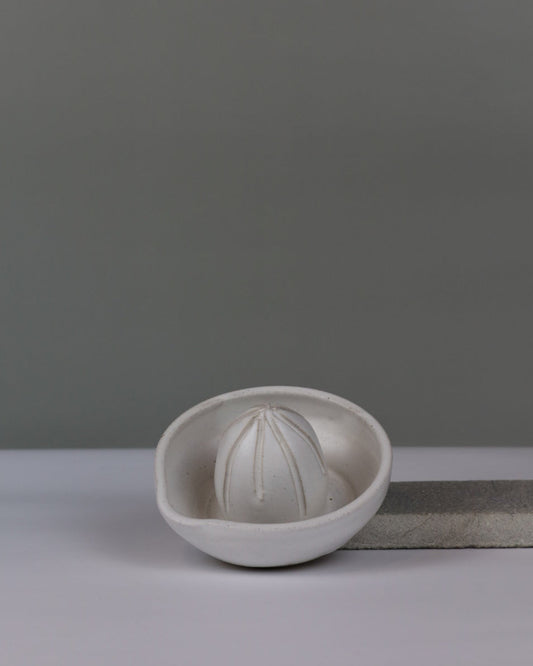 White citrus juicer on a light gray background