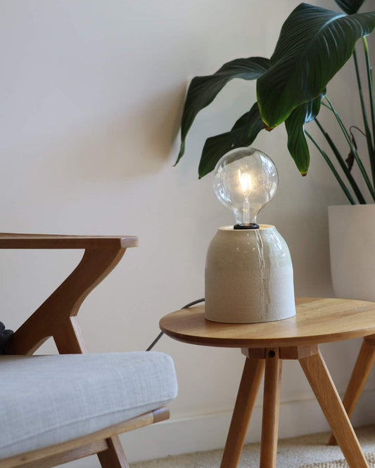 ceramic table lamp on a side table with plant in the background