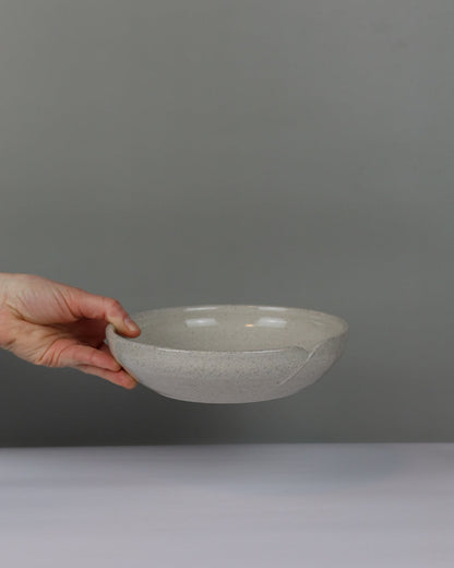 Hand holding a ceramic bowl against a plain background