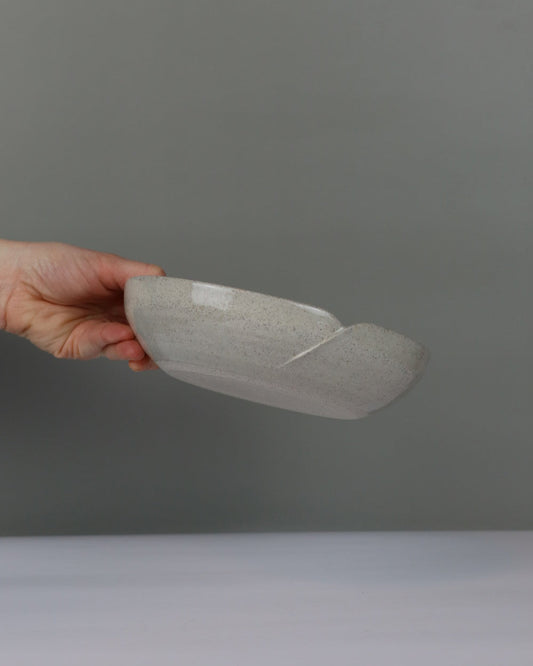 Hand holding a gray serving dish against a neutral background