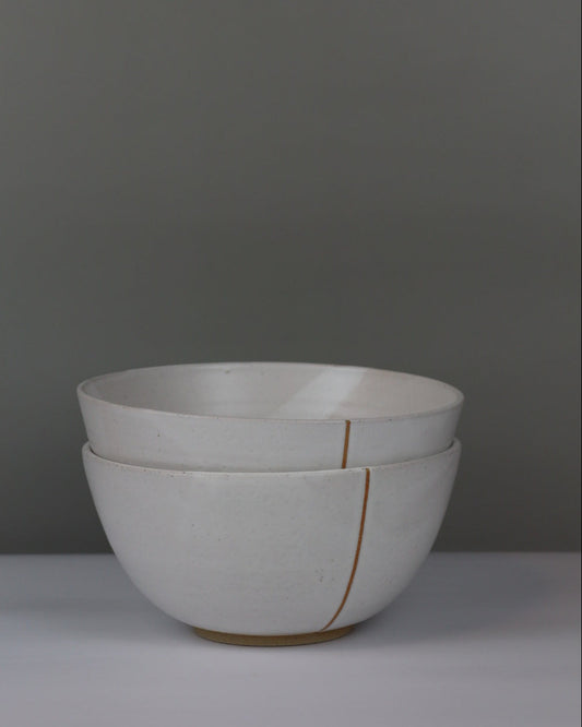 two white ceramic bowls on a grey background